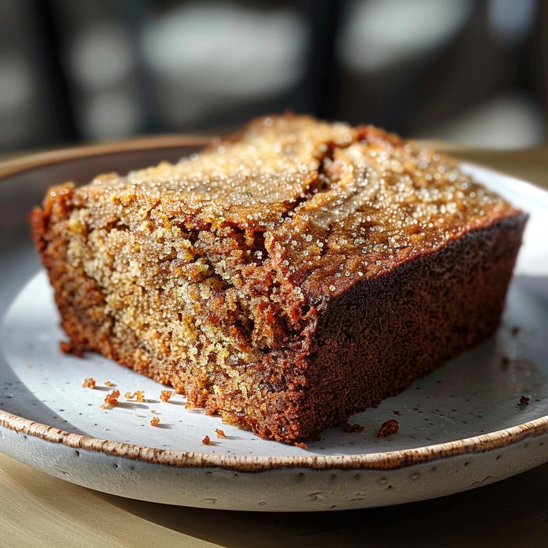 Close-up of a slice of gluten-free banana bread on a light grey ceramic plate.