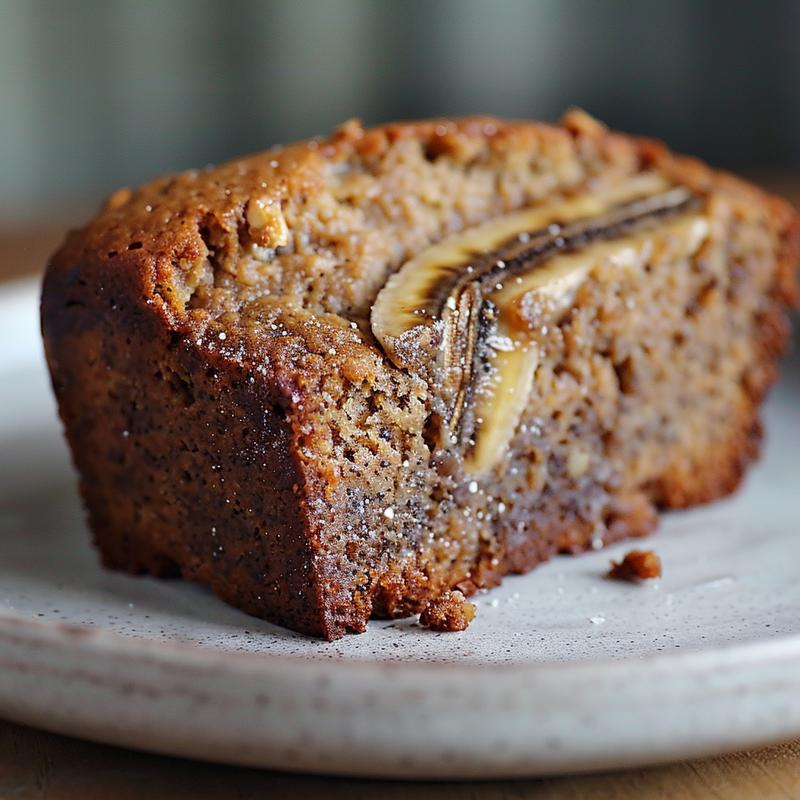 Close-up of a slice of vegan banana bread on a light grey plate with a soft focus background.