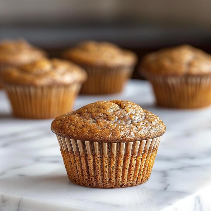 Close-up of a moist, golden no butter banana muffin on a white marble surface.
