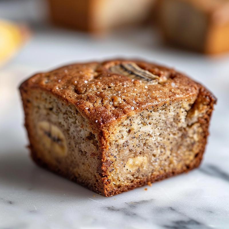Close-up of a slice of healthy protein banana bread on marble.