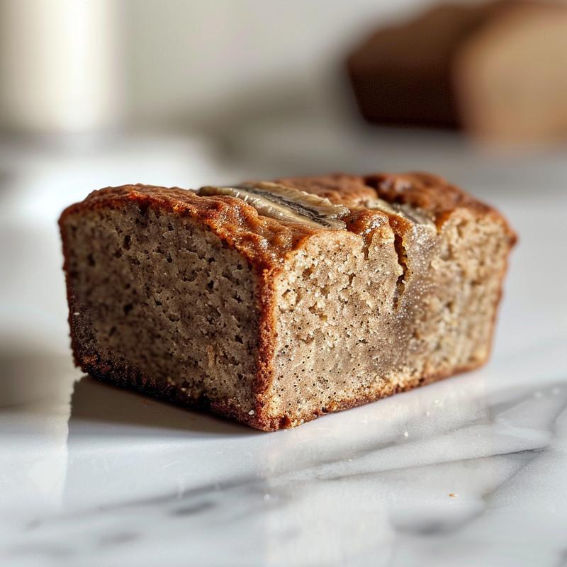 A close-up of a slice of gluten-free yogurt banana bread on a white marble surface.
