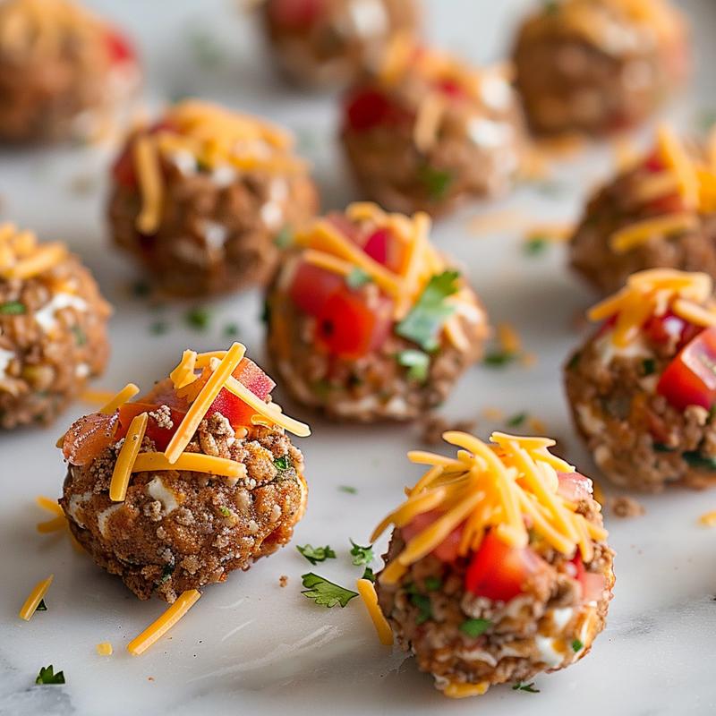 Close-up of taco ranch bites with visible ingredients on marble.