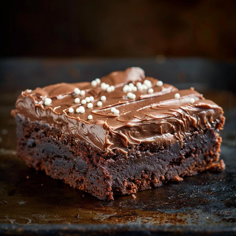 Close-up of a dark chocolate brownie with white icing football details.