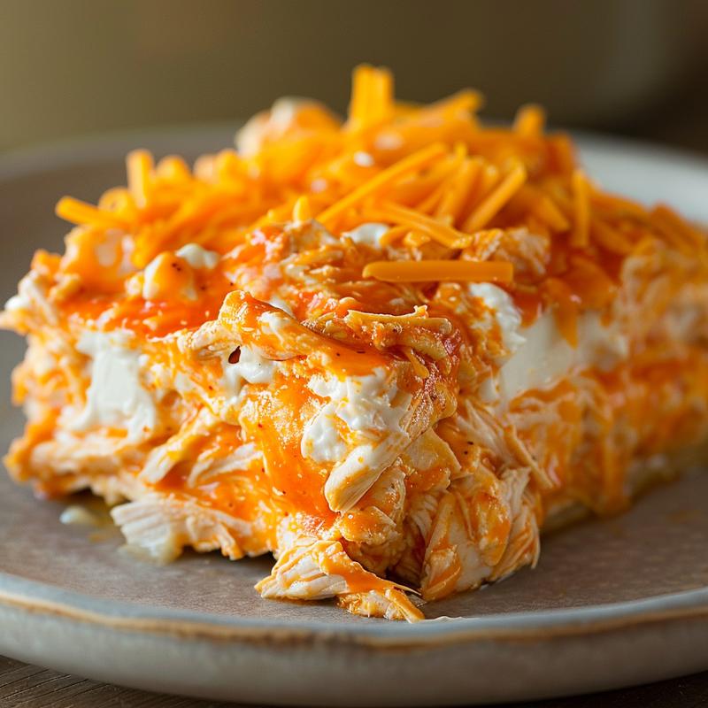 Close-up of creamy buffalo chicken dip with visible shredded chicken and cheese.