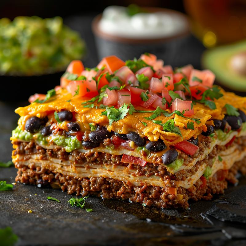 Close-up of a layered dip with visible ground beef and green toppings.