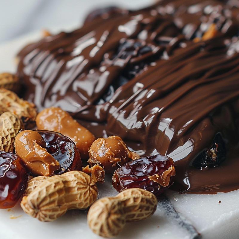 Close-up of a date snickers bar with layers of dates, peanut butter, peanuts, and dark chocolate on a white marble surface.