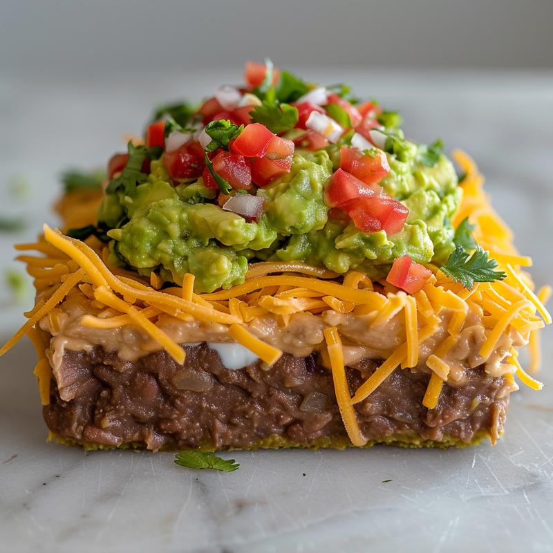Close-up of seven-layer dip ingredients on white marble.