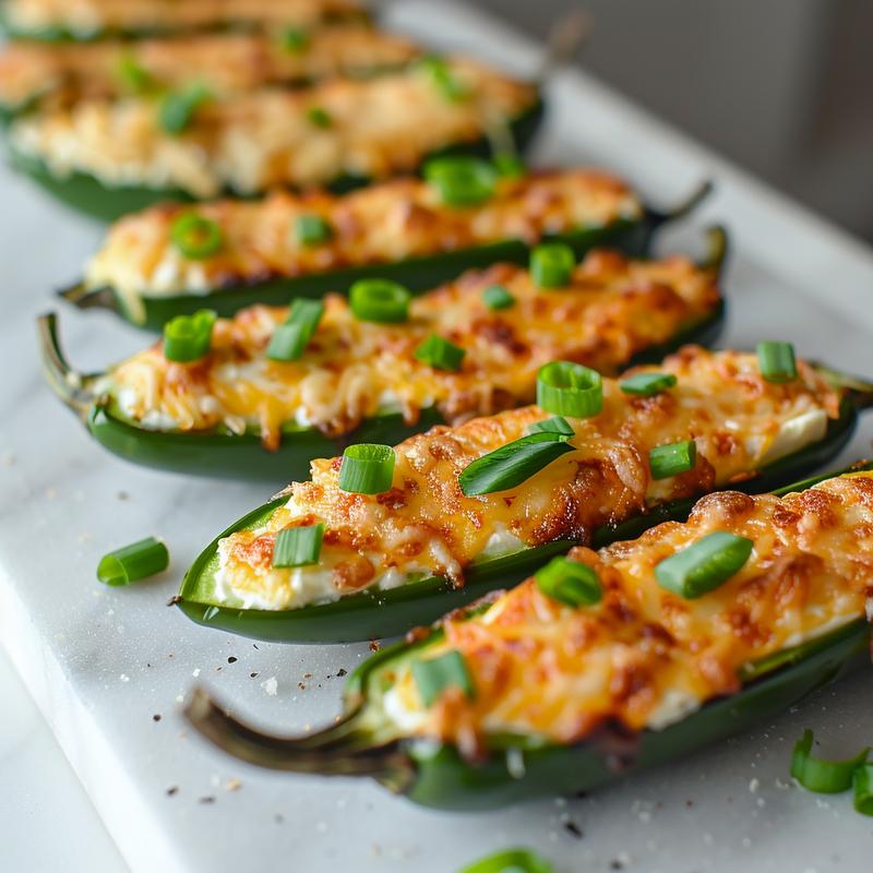 Close-up of air-fried jalapeño poppers filled with cheese and green onions on a white marble surface.