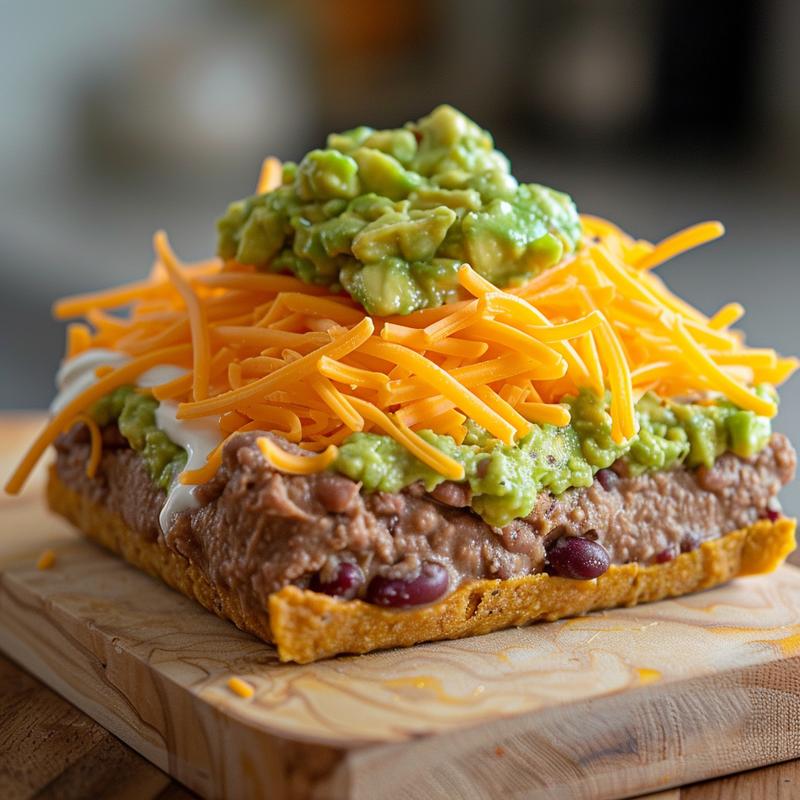 Close-up of layered taco dip resembling the American flag with refried beans, sour cream, guacamole, and cheddar cheese on a wooden board.