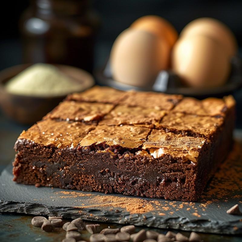 Close-up of a dark, rich brownie on a chipped slate plate.