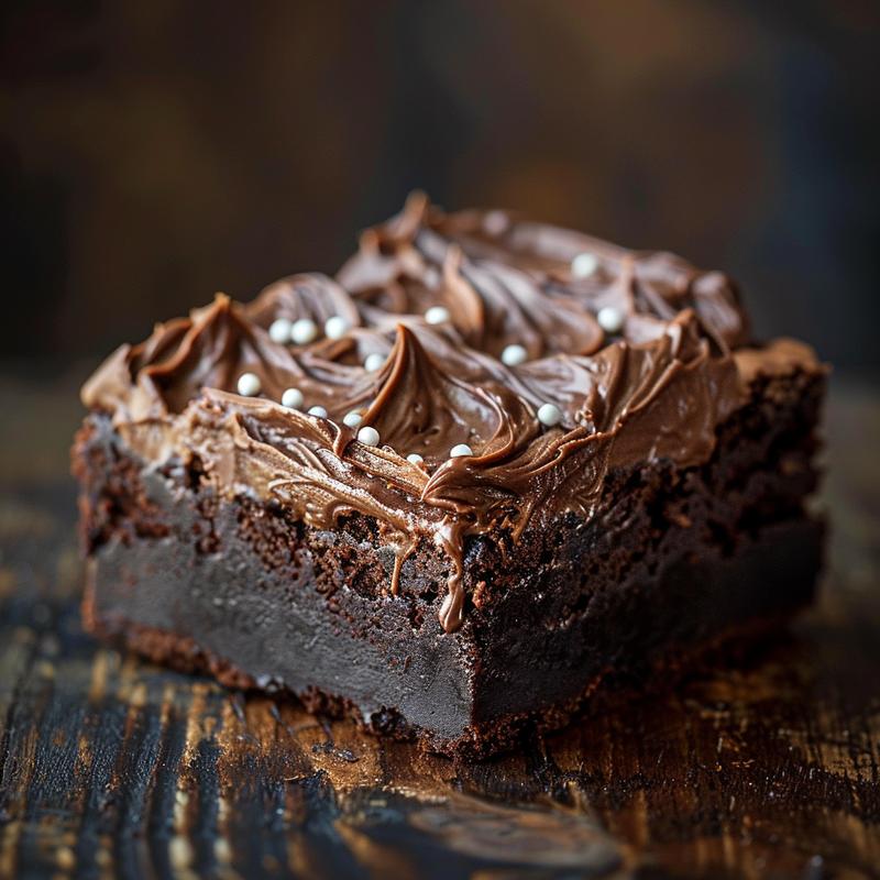 Close-up of a decadent football brownie on a dark wooden surface.