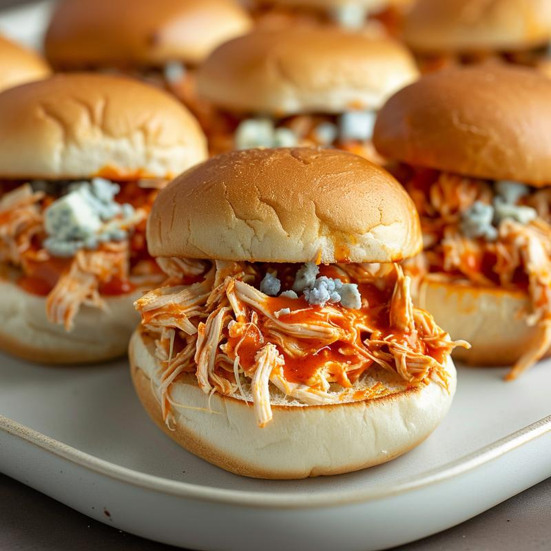 Close-up of buffalo chicken sliders with visible sauce and cheese.