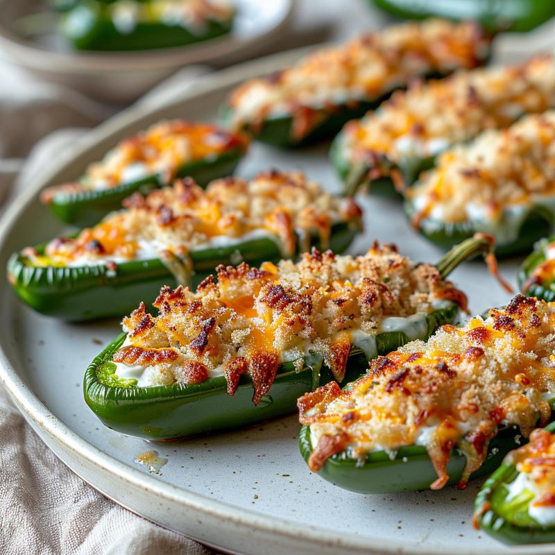 Close-up of creamy jalapeno poppers on a light gray plate.