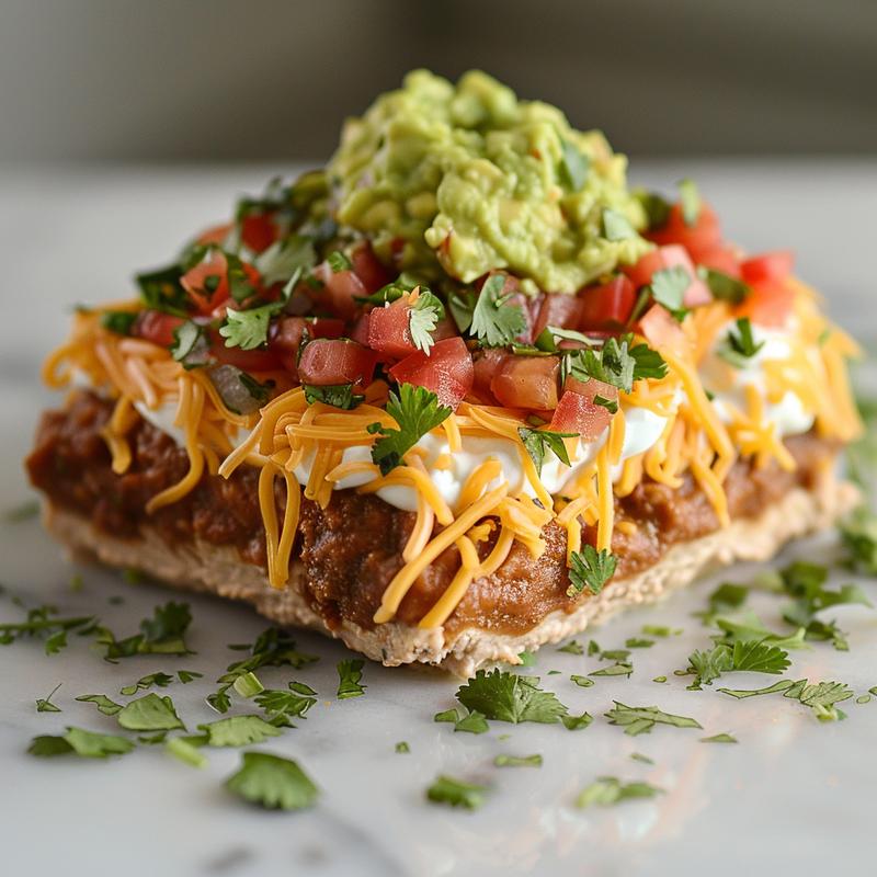Close-up of a colorful 7-layer dip with visible layers.