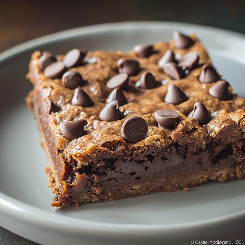 Close-up of layered dessert bar with chocolate chips.