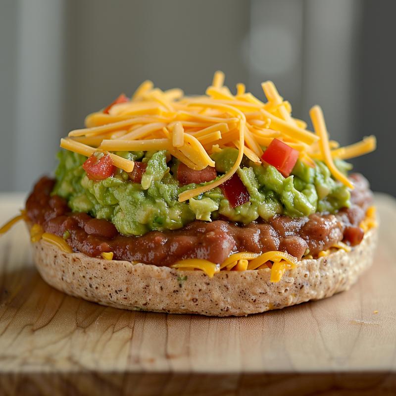 Close-up of a layered Mexican dip with beans, guacamole, sour cream, salsa, and cheese on a wood board.