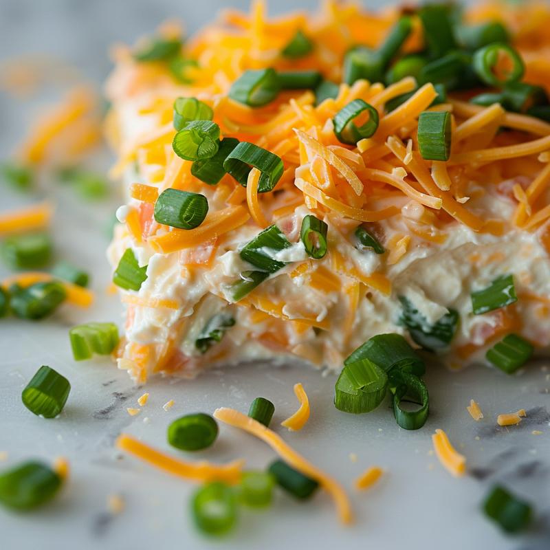 Creamy white dip with visible cheese and green onion on marble.