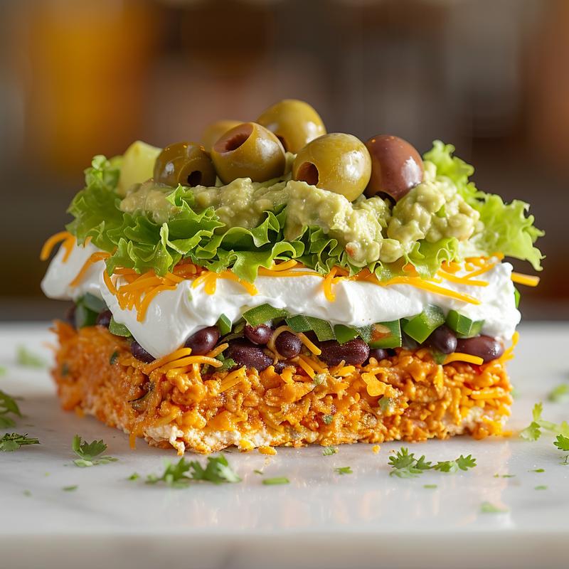 Close-up of seven-layer dip showing distinct layers of beans, guacamole, sour cream, and toppings.