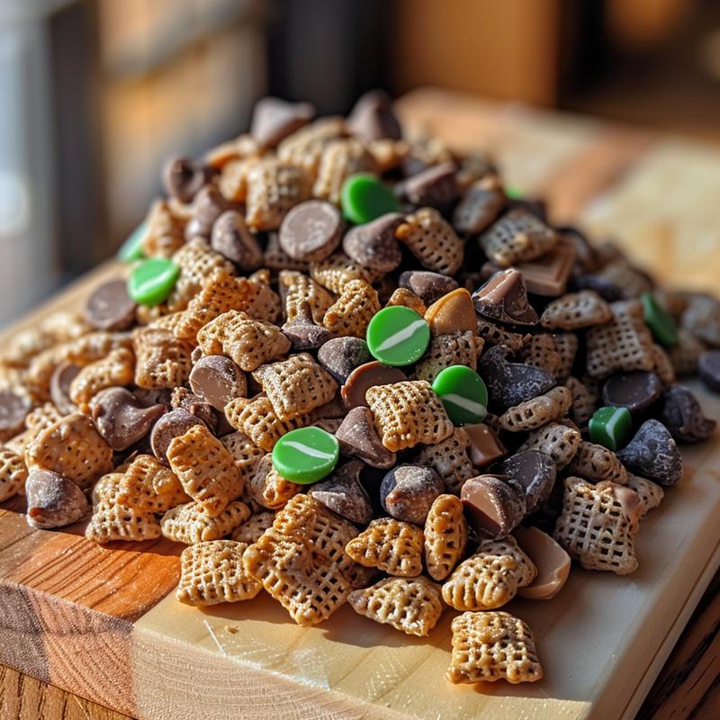 Close-up of Philadelphia Eagles puppy chow with Chex cereal, peanut butter, and green candy melts on a light wood board.