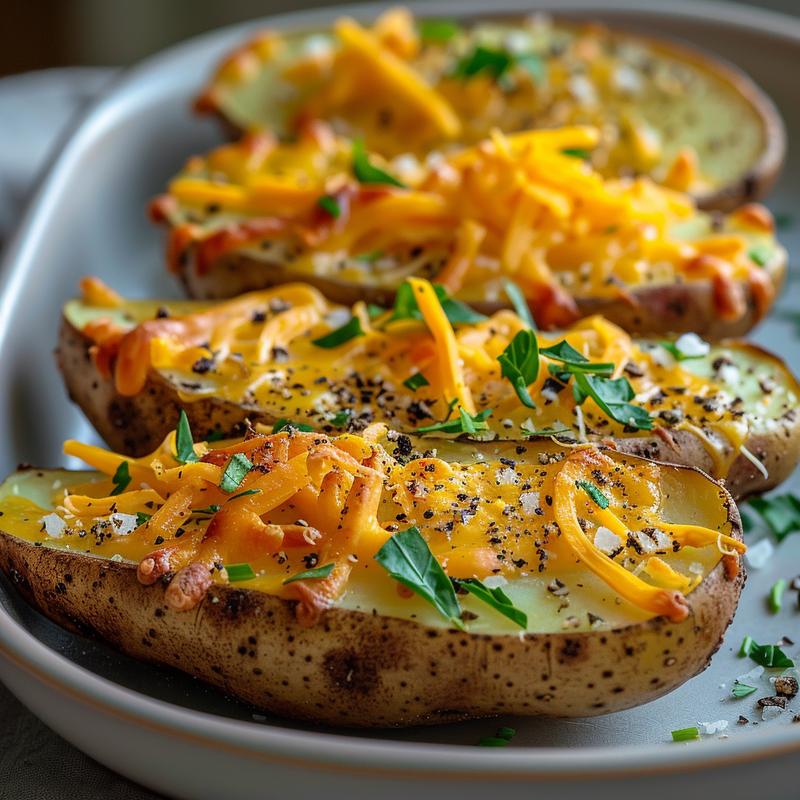 Close-up of cheesy baked potato skins.