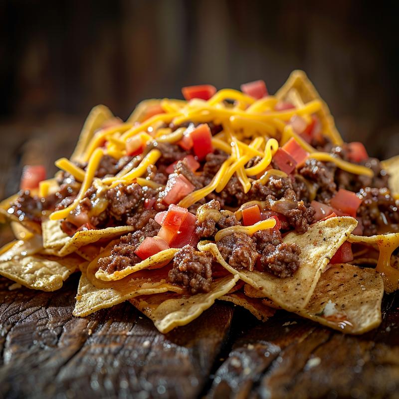 Close-up of loaded beef nachos with cheese and visible ingredients.