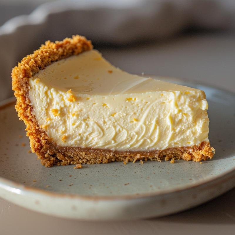 Close-up of a single gluten-free no-bake cheesecake cup slice on a light grey plate.