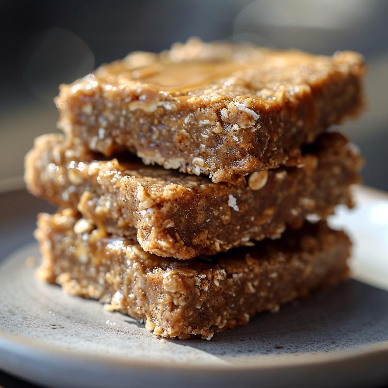 Stack of three vegan, gluten-free no-bake cookie dough bars on a light grey plate.