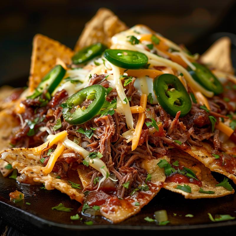 Close-up of loaded pulled pork nachos with cheese and jalapenos on a dark surface.