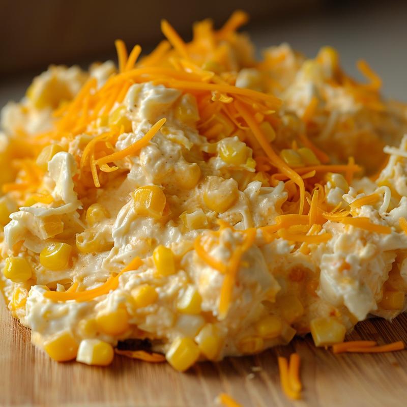 Close-up of creamy corn dip with visible cheese and corn kernels.