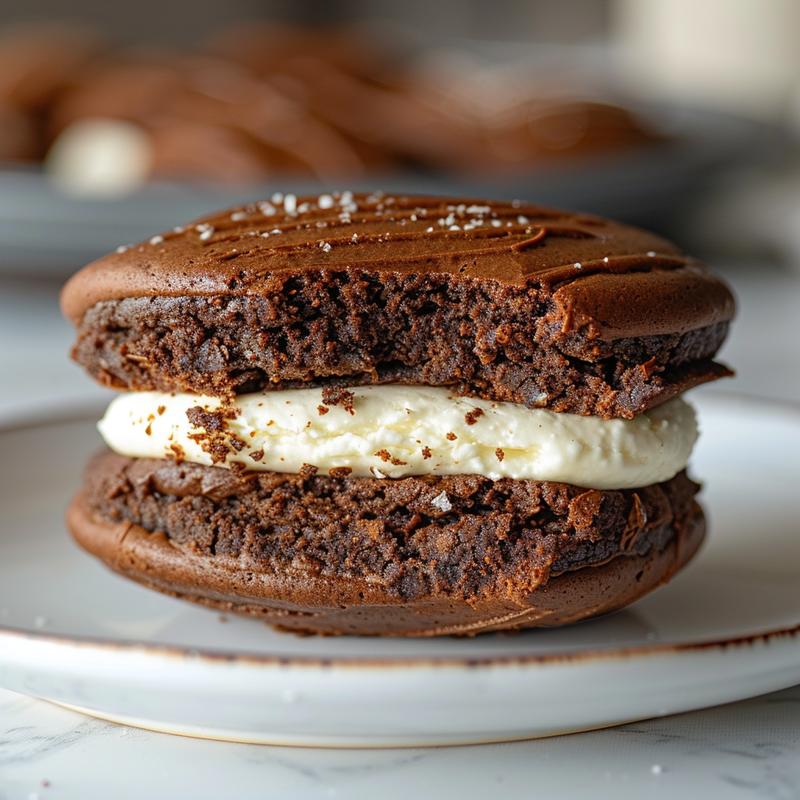 Close-up of a slice of chocolate football whoopie pie on a white surface.
