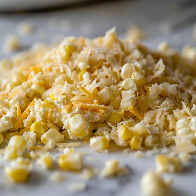 Close-up of street corn dip in a white bowl.
