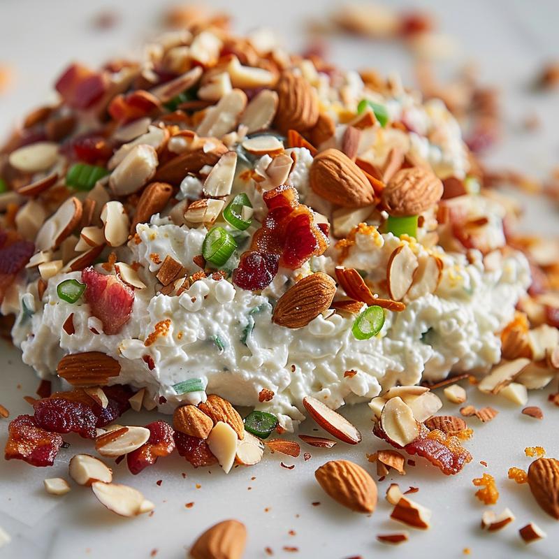 Close-up of Neiman Marcus dip showing cream cheese, bacon, almonds, and green onions.