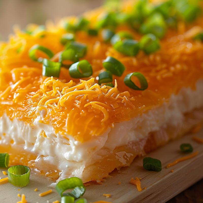 Close-up of Neiman Marcus dip with visible cheddar, green onions, and creamy base.