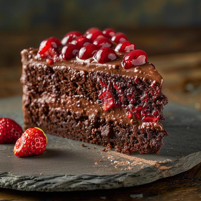 Slice of chocolate cake with strawberries on a slate plate.