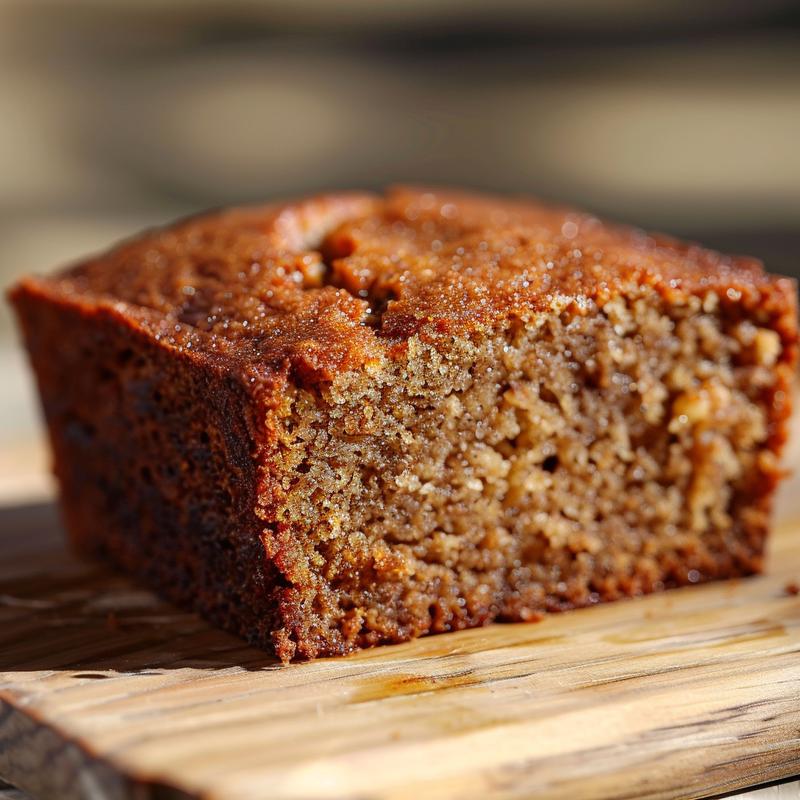 Close-up of a slice of keto banana bread on a wooden board, showing its texture and moistness.