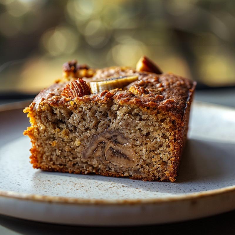 Close-up of a slice of low carb banana bread on a grey ceramic plate.