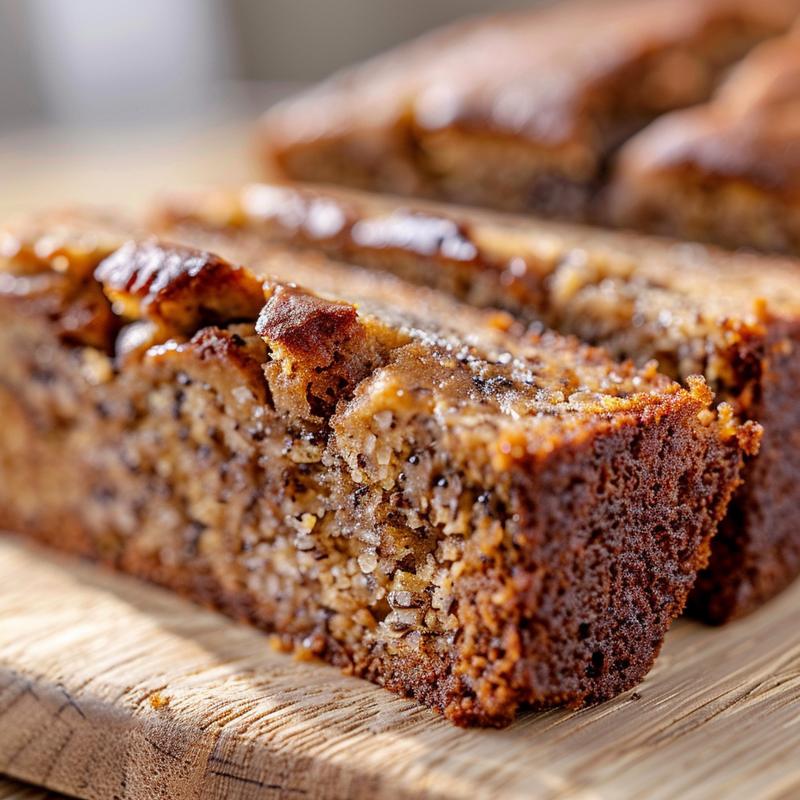 Close-up of a slice of sugar-free banana bread on a wooden board showcasing its moist texture.