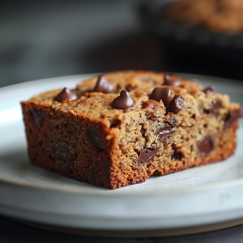 A close-up view of a slice of high protein banana bread with chocolate chips on a light grey ceramic plate.