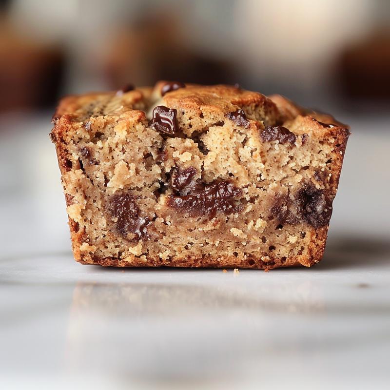 Close-up view of a slice of sourdough chocolate chip banana bread on a white marble surface.