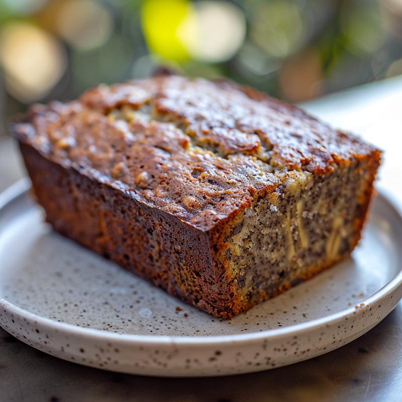 Close-up of a slice of banana bread topped with Greek yogurt on a light grey plate.