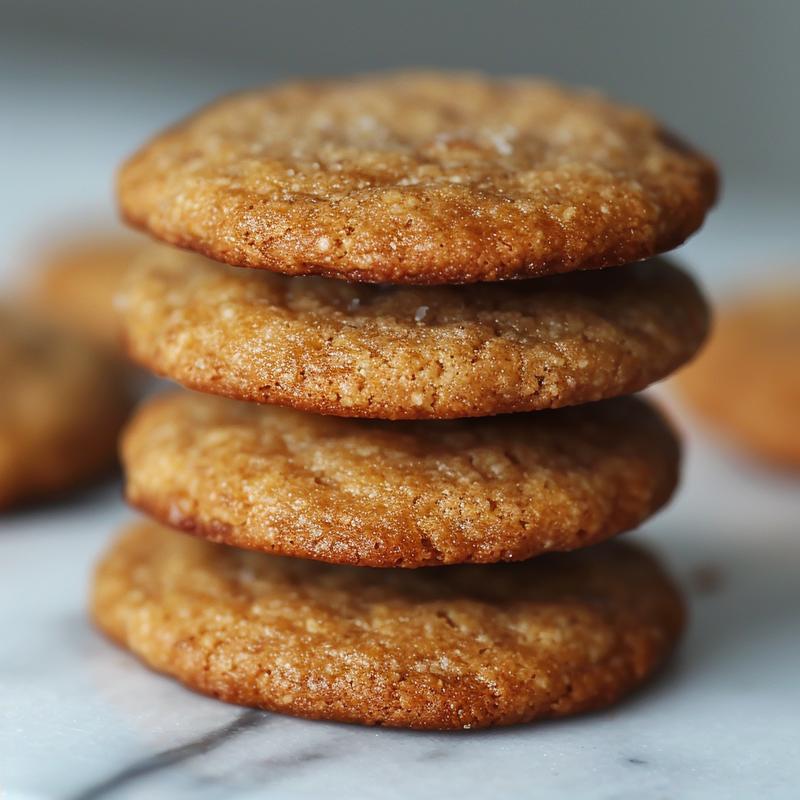 Close-up of three stacked sourdough banana cookies on a white marble surface.