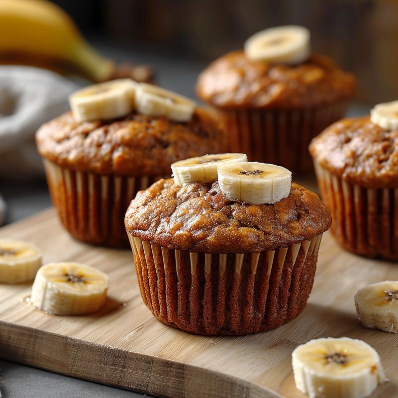 Close-up of a golden-brown banana muffin on a light wood board.