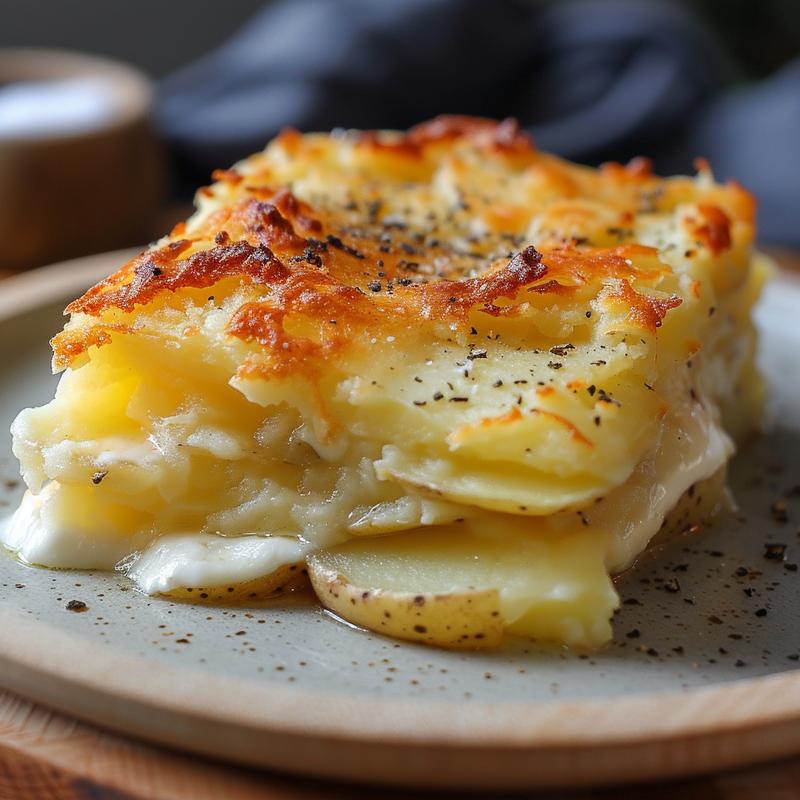 Close-up of a slice of shepherd's pie on a light wood board.