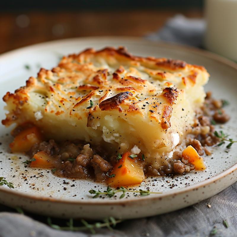 Close-up of a slice of shepherd's pie on a light gray plate.