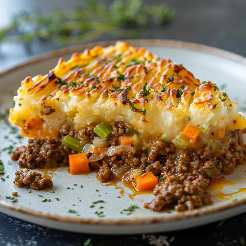 Close-up of a slice of shepherd's pie on a grey plate.