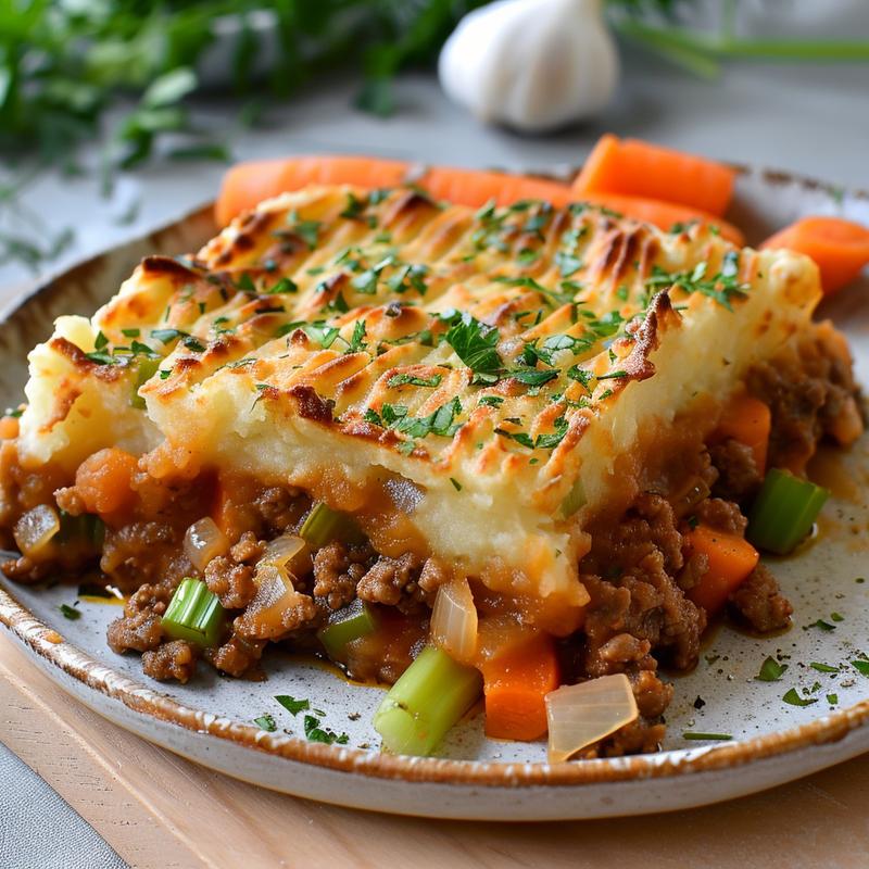 Close-up of a slice of shepherd's pie on a plate.