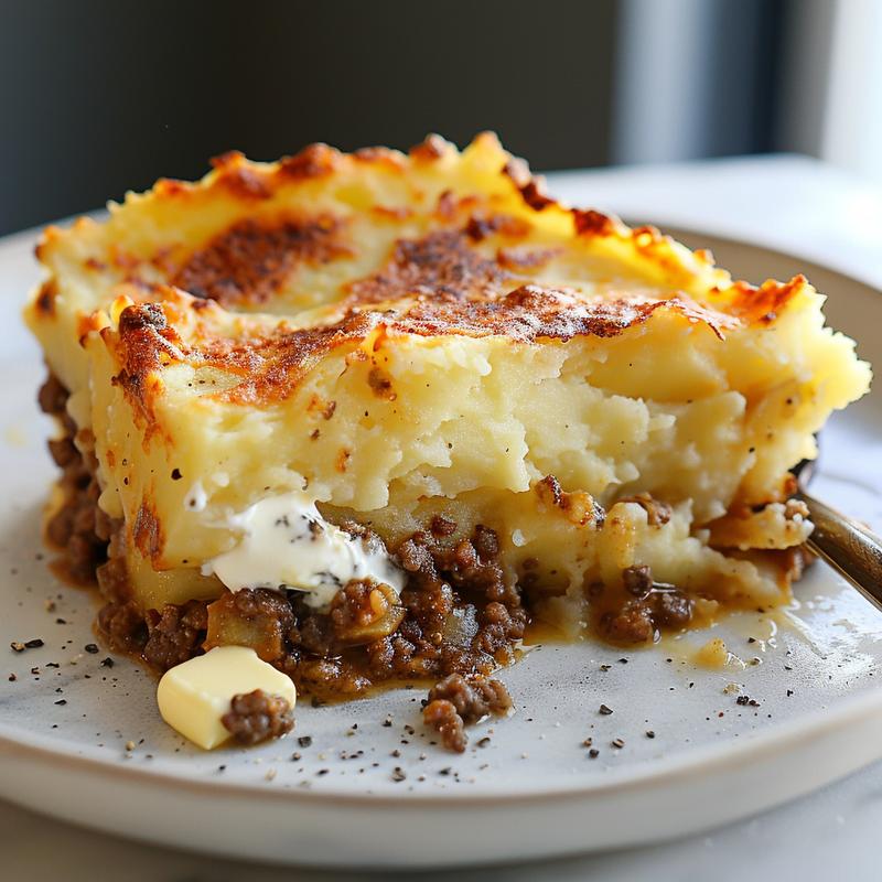 Close-up of a slice of shepherd's pie on a white plate.