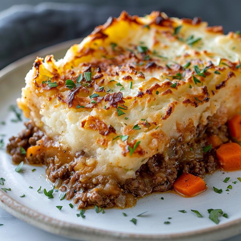 Close-up of a slice of shepherd's pie on a white plate.