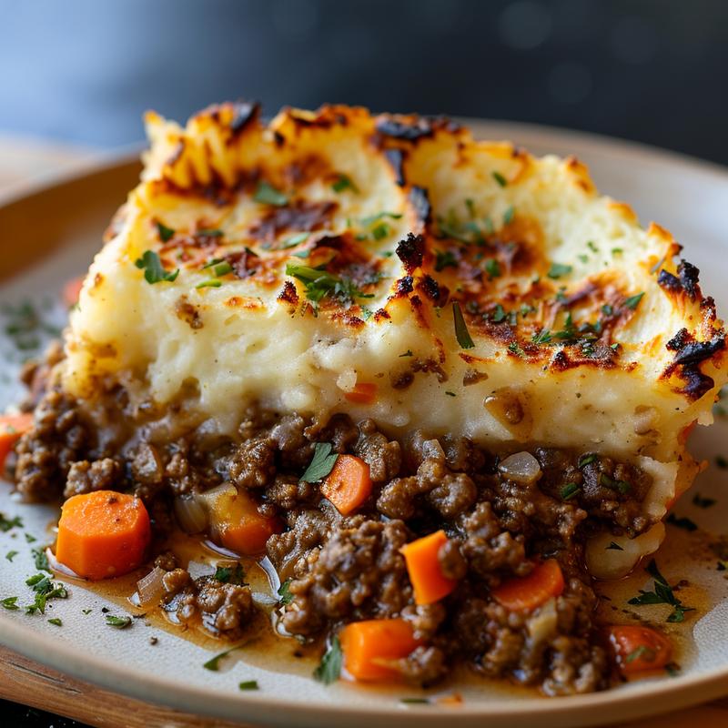 Close-up of a slice of shepherd's pie showing meat and vegetable filling topped with mashed potatoes.
