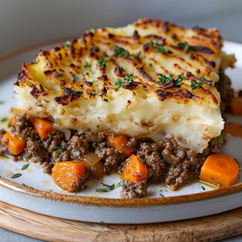 Close-up of a slice of shepherd's pie on a plate.